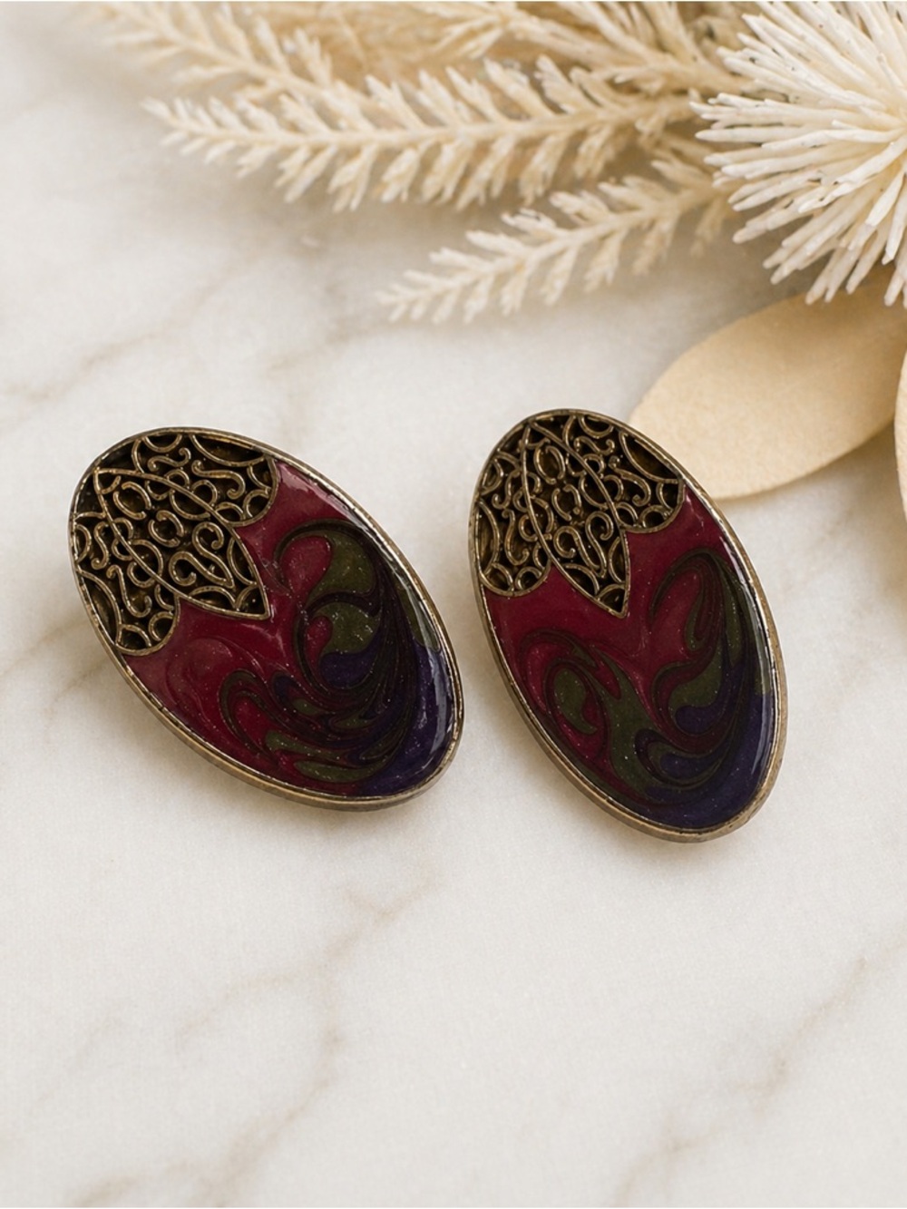 Vintage Oval Swirled Enamel Gold Tone Red Green Purple Earrings Stamped USA